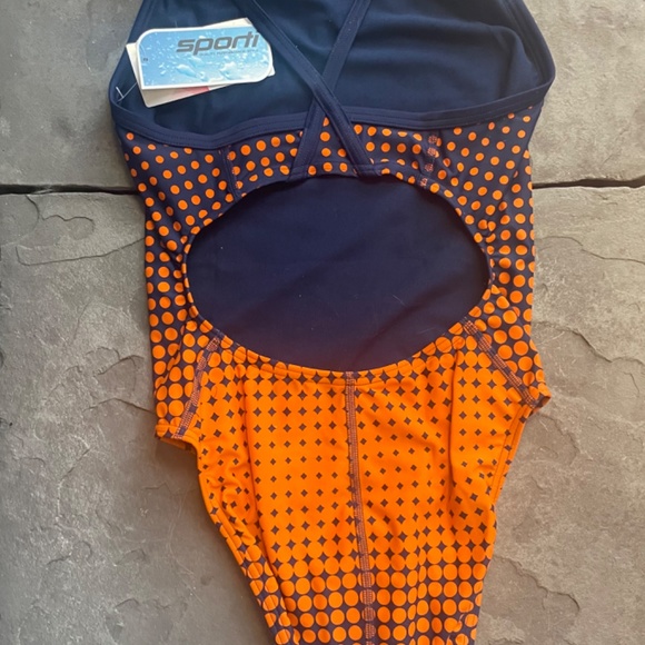 SPORTI orange & navy molecule thin strap swim race suit NWT - Picture 4 of 8